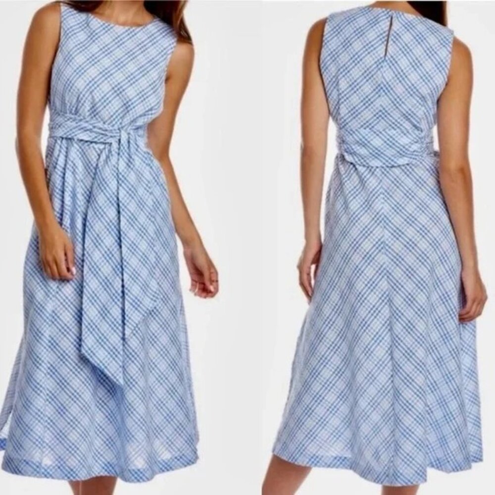 Sleeveless Blue Plaid Tie-Waist Midi Dress